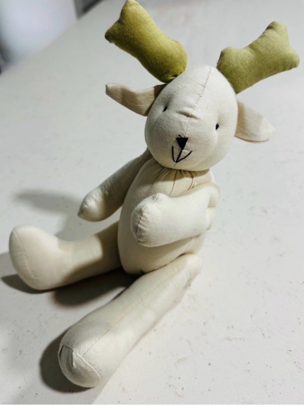 Whimsical Plush Deer Moveable Arms/Legs Soft Toy in Cream with Green Antlers